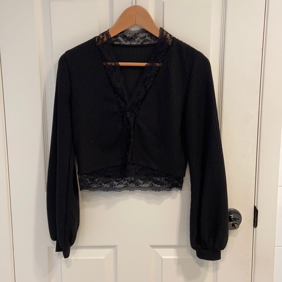 SHEIN Black Waffer top with lace trim - Picture 1 of 2